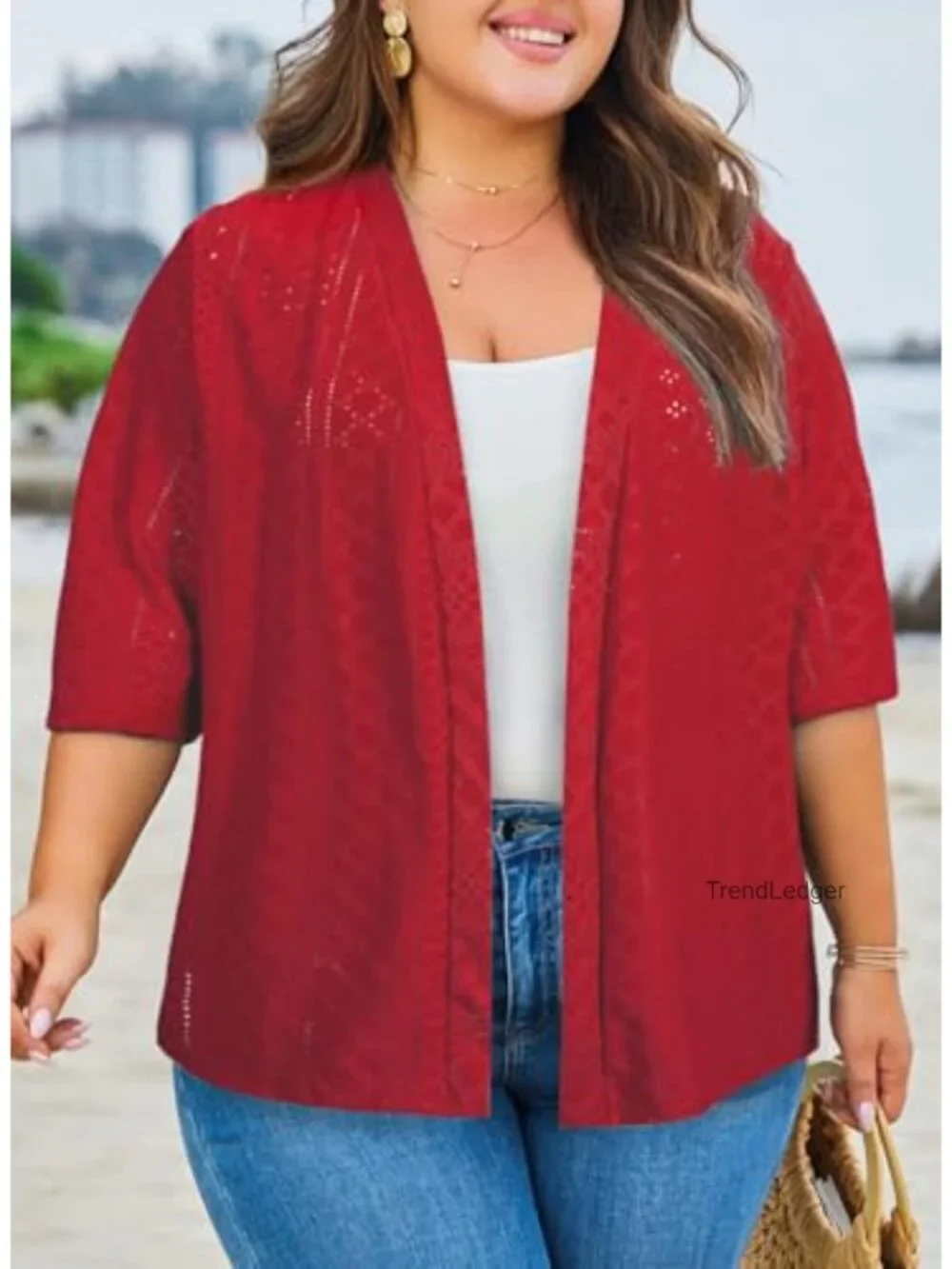 Plus Size Half Sleeve Knitted Jacquard Kimono Cardigan Summer Cover Up